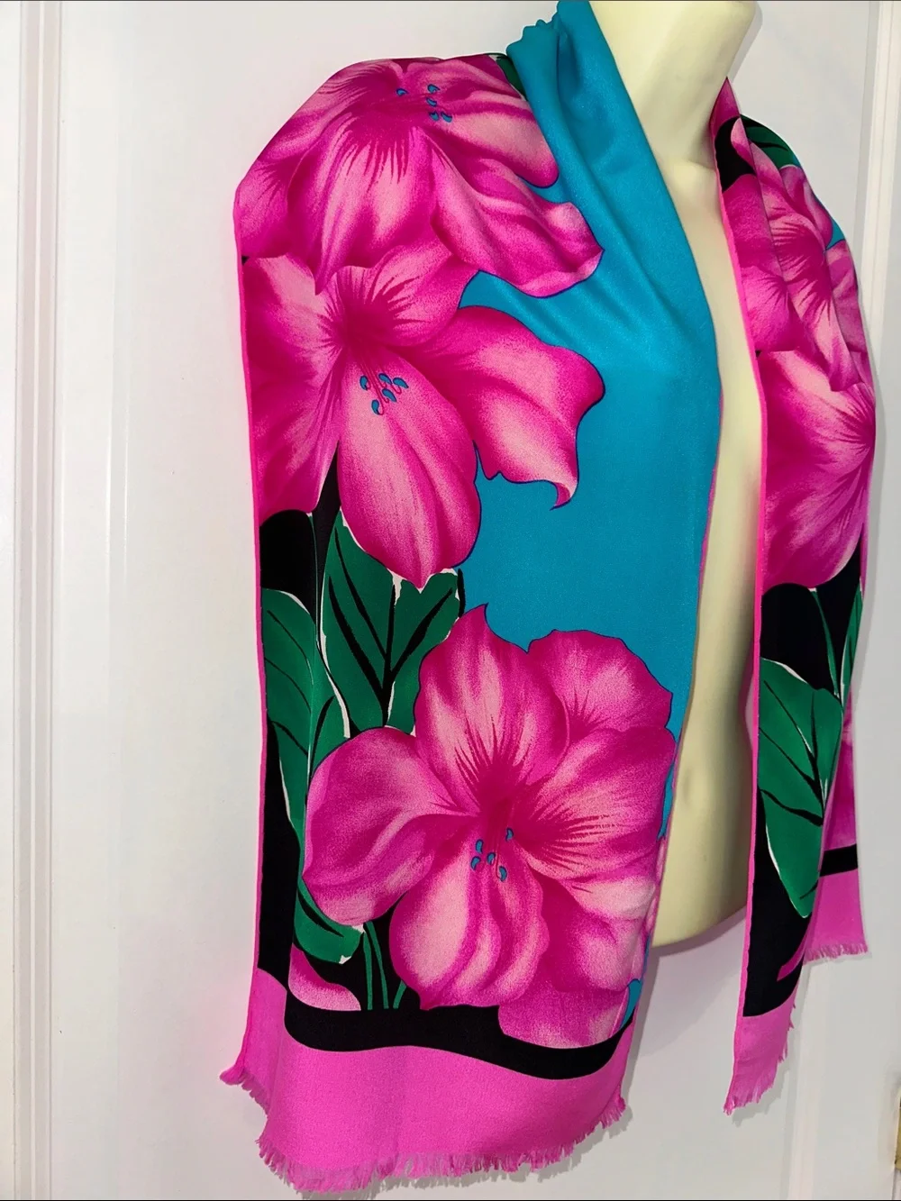 Vintage Bill Blass Hot Pink, Teal Green & Black Floral Long‎ Scarf